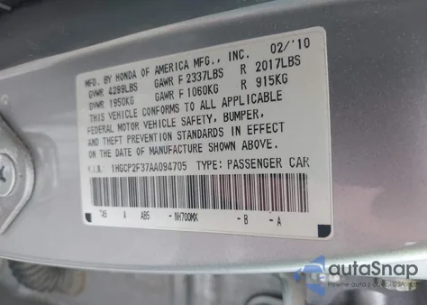 2010 Honda Accord 2.4 Lx from USA, damaged, VIN 1HGCP2F37AA094705